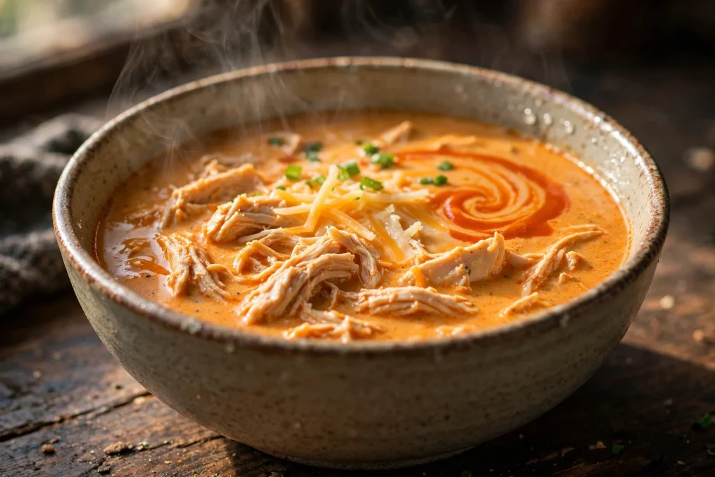 Creamy high protein low carb buffalo chicken soup with shredded chicken and green onions.