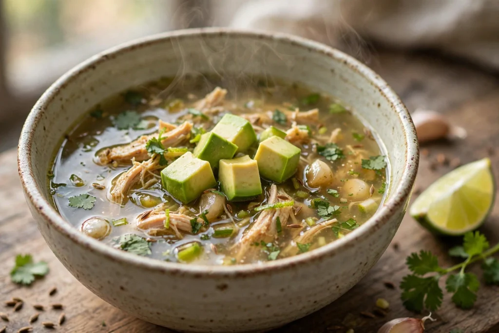 High protein low carb chicken avocado lime soup with shredded chicken and fresh avocado.