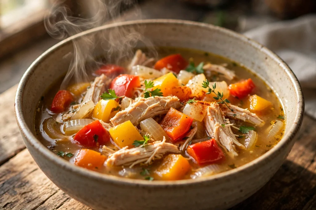 Low carb chicken bell pepper soup with shredded chicken, colorful peppers, and onions.