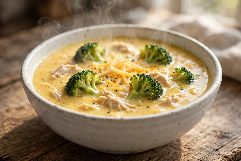 High protein low carb chicken broccoli cheddar soup with shredded chicken and broccoli.
