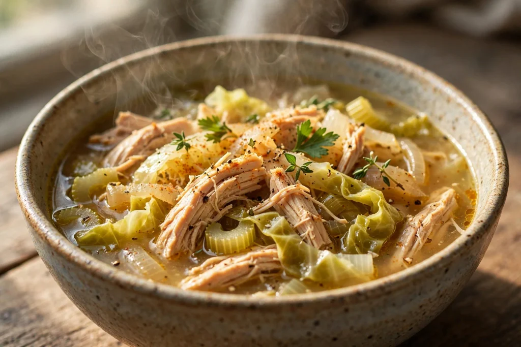 Hearty high protein low carb chicken cabbage soup with shredded chicken and vegetables.