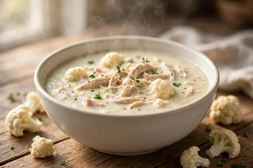 Creamy high protein low carb chicken cauliflower soup with tender shredded chicken.