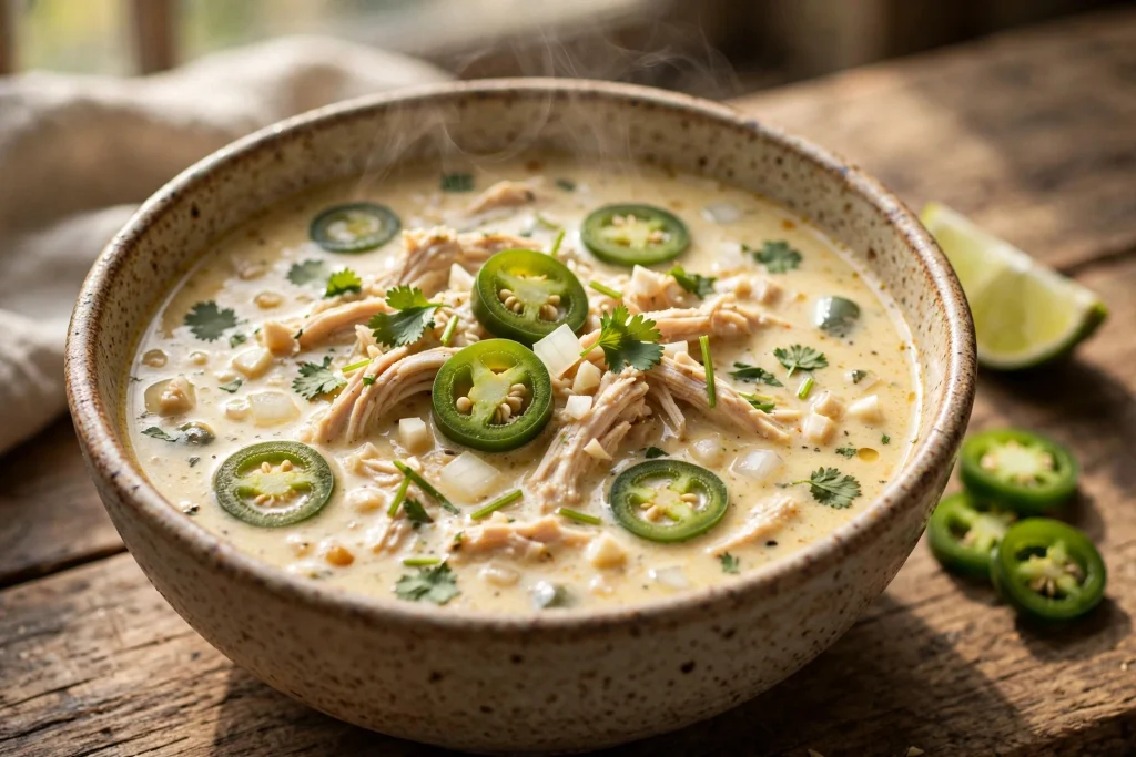 Spicy high protein low carb chicken jalapeno soup with creamy broth and fresh jalapenos.