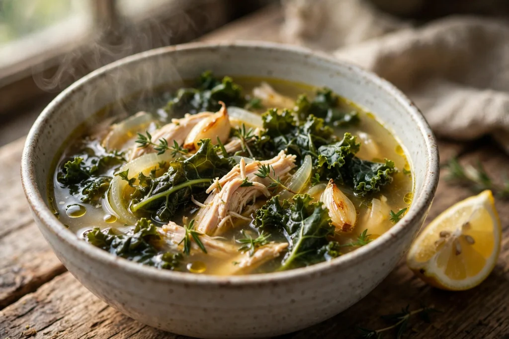 High protein low carb chicken kale soup with shredded chicken and tender kale.