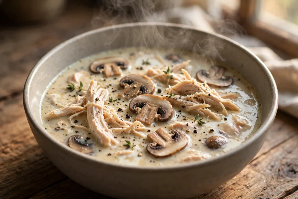 Creamy low carb chicken mushroom soup with shredded chicken and tender mushrooms.