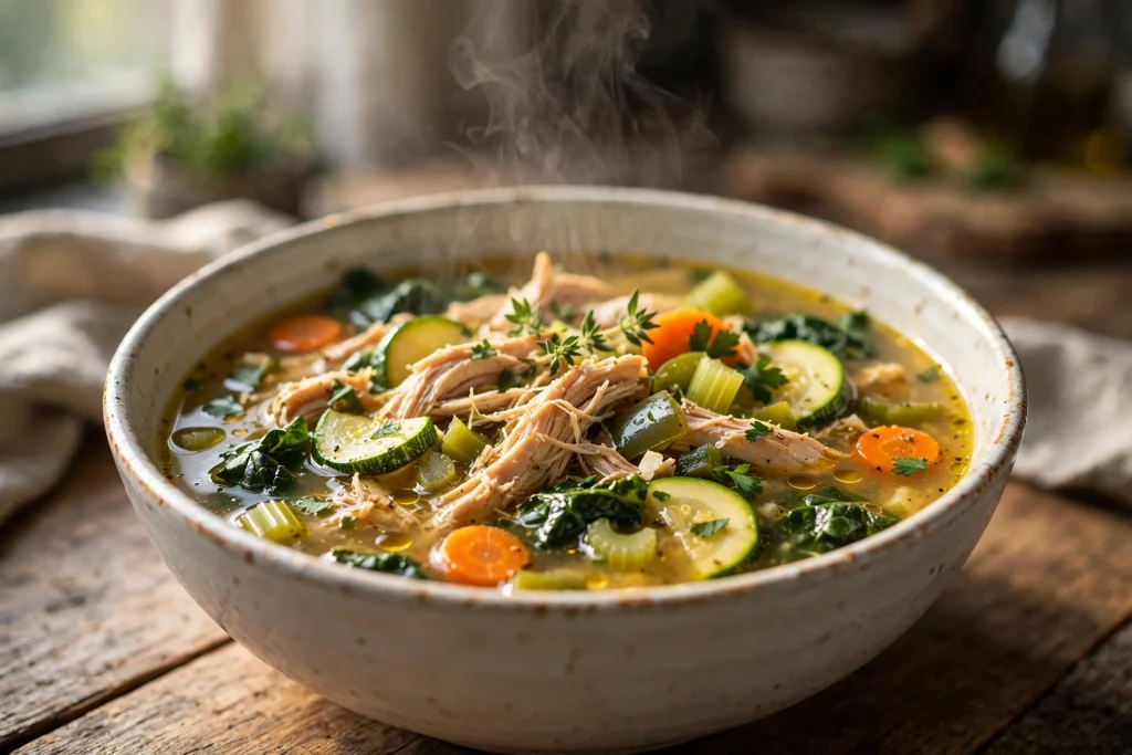 Bowl of high protein low carb chicken vegetable soup with tender chicken and fresh vegetables.