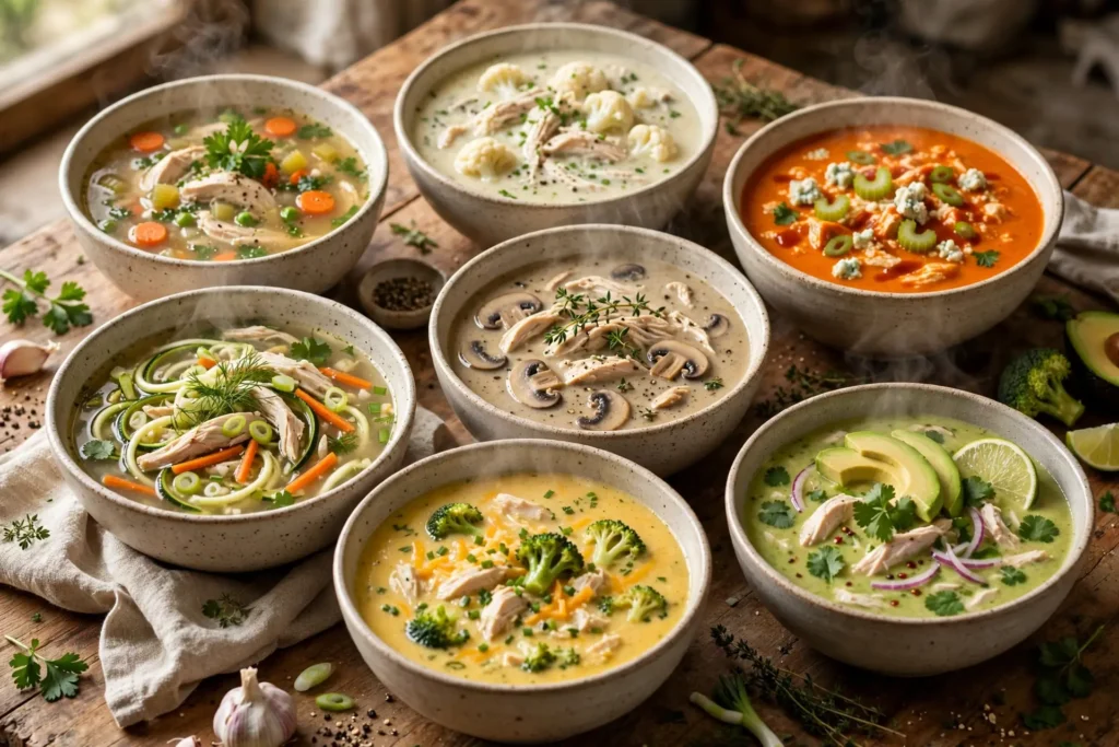 High protein low carb chicken soup recipes in a warm, realistic food photography setting.