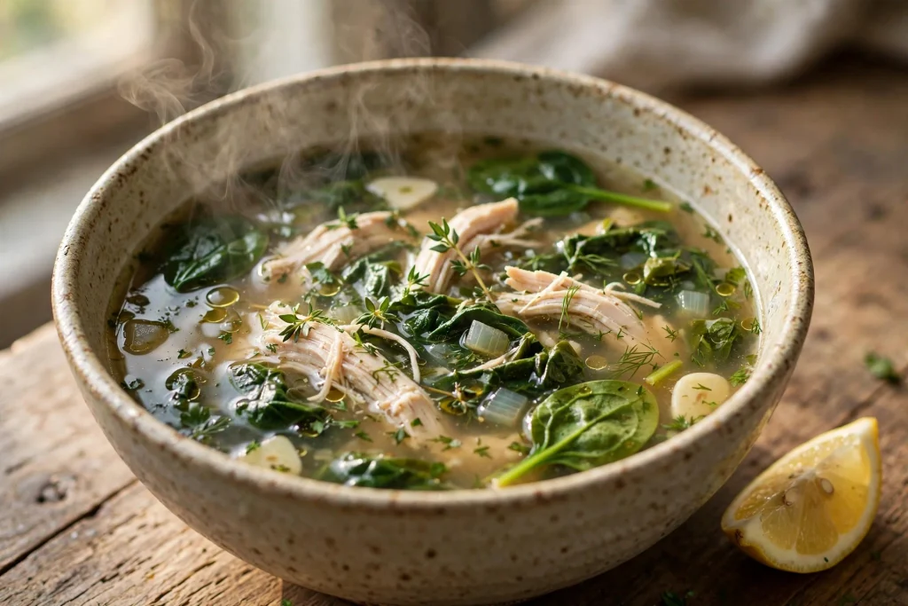 High protein low carb chicken spinach soup with shredded chicken and fresh spinach.