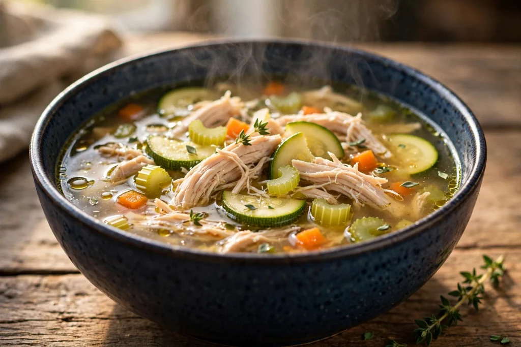 Classic high protein low carb chicken vegetable soup with shredded chicken, zucchini, celery, and carrots.