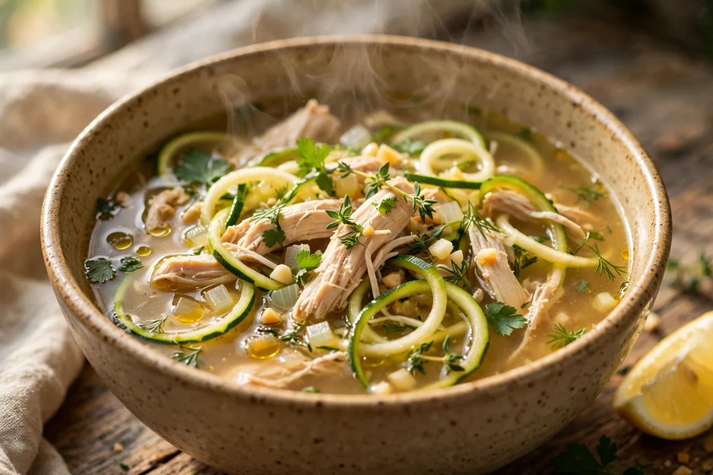 Low carb chicken zoodle soup with shredded chicken and zucchini noodles in a golden broth.